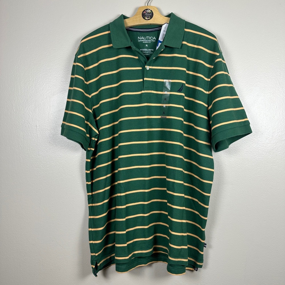 Nautica Men's XL Performance Deck Polo Hunter Green Yellow Striped NEW